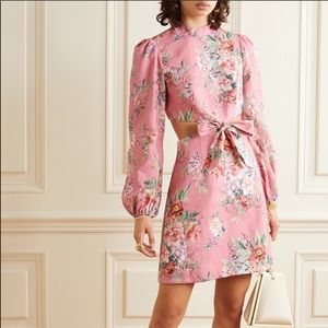 Bow-detailed cutout floral print linen mini dress